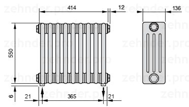 Схема (чертеж) Радиатор Zehnder Charleston 4055/9 №5310 Белый глянцевый RAL 9016